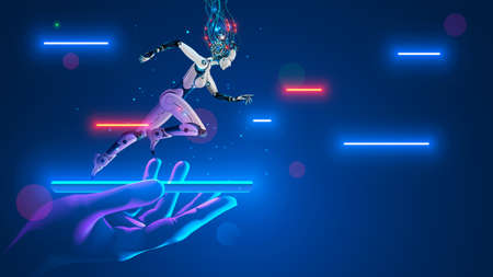 AI Robot cyborg running on screen smartphone in hand. Cybernetic girl accelerates in cyberspace. Artificial intelligence, neural networks, 5g internet speeds up phone. Flying Hi-speed internet signalsのイラスト素材