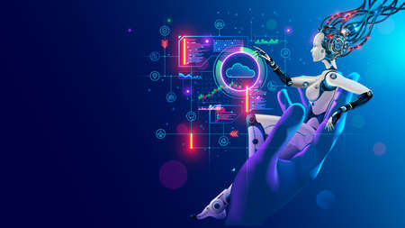 Beauty robot woman sitting in hand human, analyze data on hud interface in cyberspace. Cyborg with artificial intelligence working with neural networks, big data, cloud computing. AI and Industry 4.0の写真素材