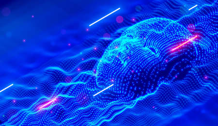 Abstract face of artificial intelligence consists of glows dots or particles. Technology background. Robot head mind in cyberspace. AI or neural network analyzes the data flow. 3d glowing wavy surfaceのイラスト素材