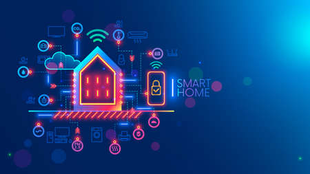 Smart home system concept. Phone controls works, safety of smart devices in house. Smartphone app of monitoring, setting of algorithm autonomous works of household appliances. Internet of things. IOT.のイラスト素材