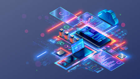 Web develop mobile app, responsive site. Programming web page. Design templates website for different devices. Profession web developer. Development of layouts internet interfaces on laptop for phone.のイラスト素材