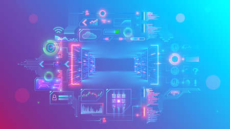 Servers in digital data centers make cloud computing in server rack room. Web online service remote internet storage. Abstract Conceptual computer banner or backgrounds with text place in center.のイラスト素材