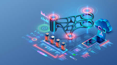 Engineering technology concept. CAD system. Generative design of 3d model, 3d printing of metal part. Computer software of technical design of mechanism detail. Modern Industry machinery production.のイラスト素材