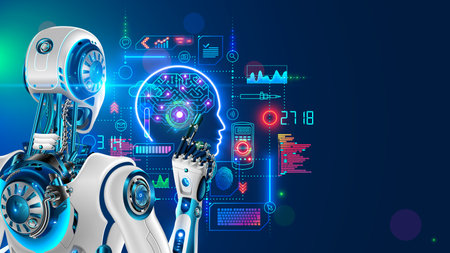 Robot or cyborg programming artificial intelligence in cyberspace. AI in industrial revolution. Machine looking on hud screen. Deep Machine learning. Back view. Neural network in image humanoid robotのイラスト素材