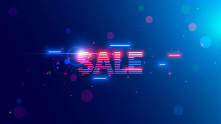 Sale word consist neon lighting letter on blue background in vintage computer tech style. Web banner of cyber monday or black friday sales in internet online shop. promotion discount sign of shopping.のイラスト素材