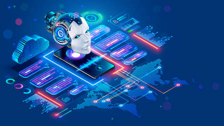 Chat bot with AI helping of users speakers of different languages. Online multilanguage support. App of Voice assistant on Phone. Robot on screen smartphone talk in messenger. Intelligence of chatbotのイラスト素材