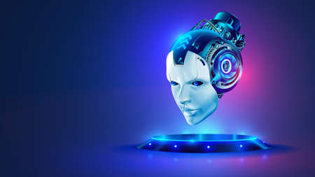 AI or artificial intelligence in image robot head hover over podium in virtual cyberspace. Humanoid face of mechanical cyborg with electronic brain or mind. Neural network or supercomputer on pedestalのイラスト素材