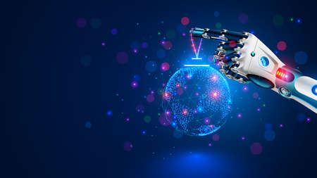 Merry Christmas and New Year Background in modern technology style. Christmas decoration in cyborg arm. Robot hand decoration christmas tree. AI or artificial intelligence greets the new year. Bannerのイラスト素材