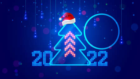 2022 Template New Year and Christmas cards in computer technologies style. Christmas tree, number year 2022 in form of pixels on screen computer. Template greeting card of business partners. Vectorのイラスト素材