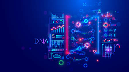 DNA strand analysis. medicine technology concept. research of genetic molecular helix. Data Scientist in Medicine. DNA sequencing. Medical tech interface with patient data. Dna spiral genome exam.のイラスト素材