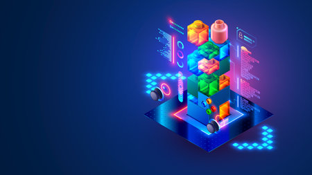Programming children courses. Computer Games design online kids tutorial. Creations computer game code for teens. Coding of program in the form building simple of a tower of bricks. banner conceptのイラスト素材