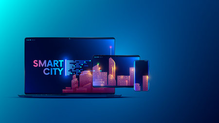 smart city. Cloud computing technology concept. IOT digital 5G internet communication in smart city. Computer network communications. Silhouette of Smart city on screen laptop, tablet, mobile phoneのイラスト素材