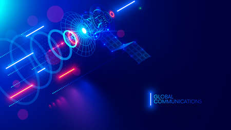 Satellite communications abstract banner. Satellite in space transmit wireless signal of global...