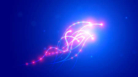 optical wire line. Traffic of light optic digital signal in cable. Technology of high speed transfer on optical fiber. Abstract background or banner with quantum beams of internet data in optical fibersのイラスト素材