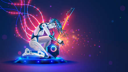 A robot rock musician plays guitar at a concert. Cyborg rocker kneeling performs rock music, knocks out sparks from an electric guitar. Robot Music Show. Cool beautiful robotic girl rocker with AI.のイラスト素材