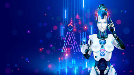 Serious beautiful robot woman or girl cyborg looks in eyes. AI in image female electronic robotic humanoid machine. Future cybernetic artificial intelligence technology. Portrait lovely model cyborg.のイラスト素材