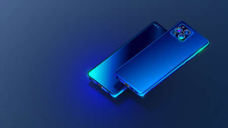 3d mobile smart phone is turned up of camera. Shiny, blue phone hanging on dark gray background. Camera of cellphone look up. Smartphone in neon light on black. Case mobile smartphone back view.のイラスト素材