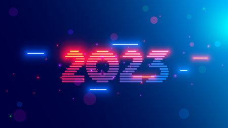 2023 new year, christmas tech background. Year 2023 consists of light neon lamps in dark, hanging in cyberspace. Digits or Number year on celebration banner in new technology style. 2023 logo vision