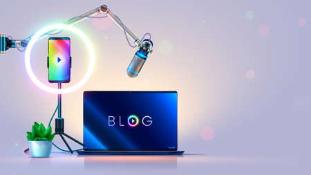 Blogger workplace. Streamer table with laptop, microphone, phone, led ring lamp on tripod, neon....