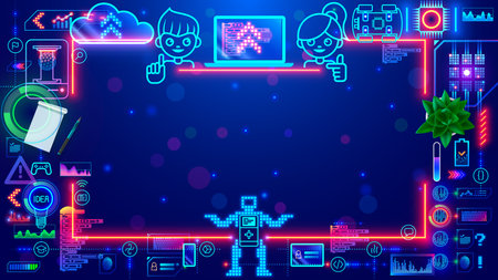 Frame in electronic tech style for kids educational. Child computer online learning STEM subjects. Empty border with tech doodles in teens style. Boy, girl making robot and software for controls him.のイラスト素材