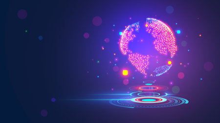 Earth globe consisting of light dots n dark background. Earth day conceptual illustration. 3d sci-fi interface of hanging World map over dashboard. Holographic globe in tech computer games style.のイラスト素材