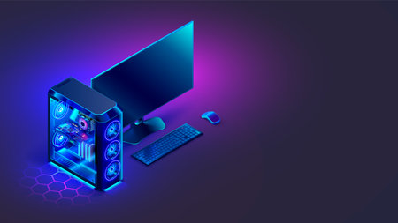 Gaming PC computer glowing in the dark. Isometric illustration of modern computer case, monitor, keyboard, on desktop. Stationary video games PC. Neon lights of electronic parts of system box computer.のイラスト素材