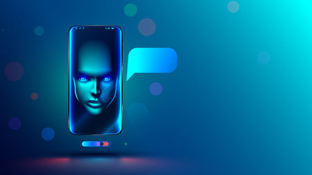 Chatbot with AI dialogue with user through phone app. Artificial intelligence online chat bot on screen smartphone. Face of futuristic woman on Avatar or userpic in chat. Online support technology.の素材