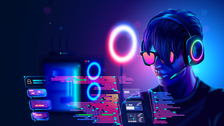 Programmer or coder programming on computer text of code of program. Portrait man working over laptop in dark room with neon lights. Guy with headset, glasses look at code on screen computer. hacker.のイラスト素材