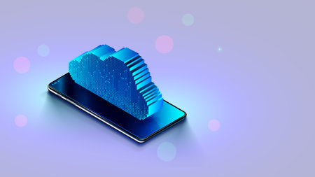3d icon of cloud over screen smart phone. Cloud computing background concept. Data upload in internet online storage through smartphone. Cell phone synchronizes information with online cloud storage.のイラスト素材