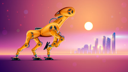 Robot animal going in desert. Post apocalyptic futuristic landscape of city silhouette on horizon. Sci fi apocalypse nature. Robotic mechanical cyborg camel or horse. Bionicle tired horse with AI.のイラスト素材