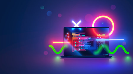 Vector laptop with open screen on desk front view. Computer program code on screen laptop on table, abstract neon geometrical design elements. Programming, coding, software development concept banner.のイラスト素材