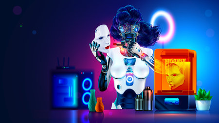 Beautiful robot woman with AI in wig paints her lips with lipstick, makes makeup. Scary mechanical robot disguises itself as human with help 3d printer. Terrible face of robot hidden under human mask.のイラスト素材