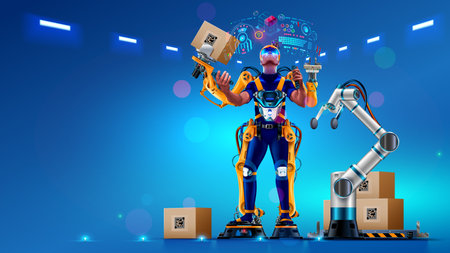 Engineer is working in futuristic bionic exoskeleton and picking up boxes on factory. Robotic exosuit on worker in warehouse. Sci-fi concept exoskeleton suit. Future technology of delivery, logistics.のイラスト素材