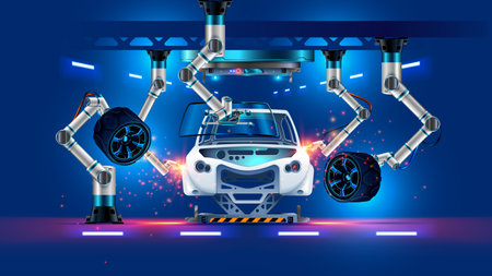 Robot assembles car on automotive industry manufacture. Automated 3d Robotic arm on production line laser welding car body, sets wheels, windscreen. Industry robot hand on automotive vehicle factory.のイラスト素材
