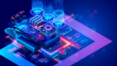 Hardware electronic development concept. Electronic circuit board or motherboard with CPU chip or processor, memory board, GPU, coolers, over computer parts. Upgrade, repair of electronic devices.のイラスト素材