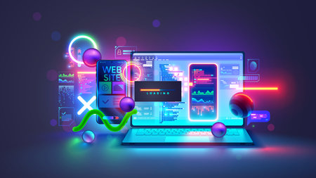 Website software development concept. Web design site and mobile app on laptop, testing on phone. Code on screen laptop, loading on smartphone from cloud storage. Computer software technology banner.のイラスト素材