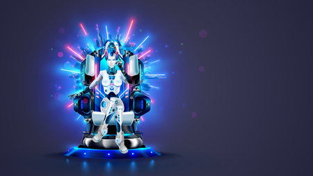 AI or artificial intelligence in image female cyborg queen. Robot woman majestic sitting on throne in neon glow. Sci-fi illustration of artificial intelligence computer neural network. AI rules world.のイラスト素材