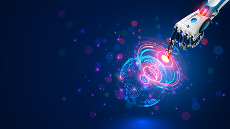 AI. global communication technology concept. AI controls global network. Robot hand point on Earth in cyber space. Robotic arm interacts with 3d Earth on HUD. Artificial intelligence connections IOT.のイラスト素材