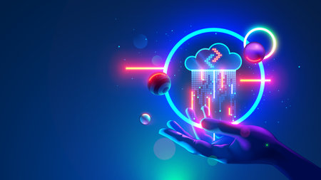 Digital technology network concept. Icon digital cloud over hand in neon lights. Digital rain of data comes from digital cloud. Internet Datum storage synchronization. upload or download information.のイラスト素材