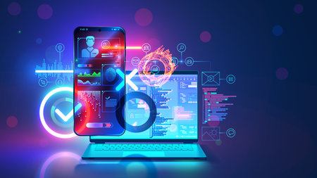 mobile app software develop. web design concept. Web design elements on layout website on screen phone. Programming mobile internet page. Website template on laptop. computer technology banner.のイラスト素材