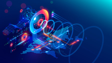 global satellite internet communications concept. Satellite transmits digital signals from space on world map. Satellite dish translation communication signals. global wireless network technology.のイラスト素材