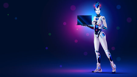 Robot woman standing on scene with laptop. Artificial intelligence or AI in image robotic lady full growth. Robot woman points at laptop screen in palm of her hand. Female cyborg performs on stage.のイラスト素材