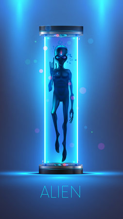 Scary Alien in glass capsule in laboratory. Captive alien in scientific research chamber in Zone 51. Creepy full-length space alien floats in liquid in hibernation chamber. Anthropomorphic creature.のイラスト素材