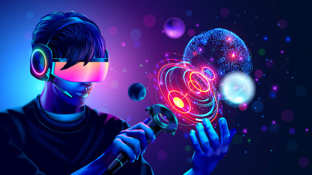 Man in VR headset or 3d glasses of virtual reality looks and interacts with holographic interface of VR or AR simulation. Guy playing in computer video games in VR space with controller in hand.のイラスト素材