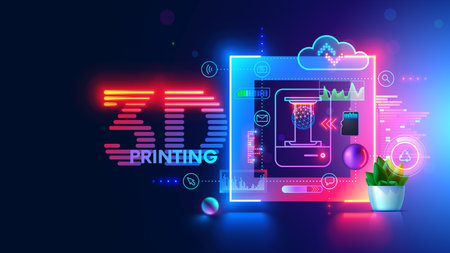 3d printing and additive technology banner. Icon 3d printer in tech neon frame in modern technology...