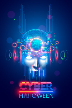 Evil in image scary AI robot face with horns. Spooky artificial intelligence cyborg head. Cyber halloween party banner. Bad robot with neon lights eyes. creepy electronic devil technology monster.のイラスト素材