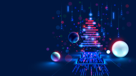 Christmas poster with christmas tree in electronic technology style. New year, merry christmas congratulations card in computer tech design. Template Christmas cards in style of digital technology.のイラスト素材