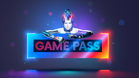 Beautiful cyborg woman holds game pass for computer video games, digital entertainment. Female robot...