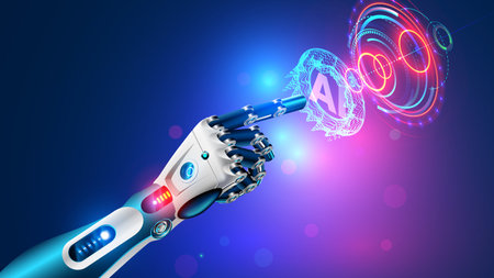Robot arm with artificial intelligence presses a button with an AI logo. The cyborg hand touches the holographic interface with his index finger. AI bot in Industry 4.0. AI robotic hand tap HUD screenのイラスト素材