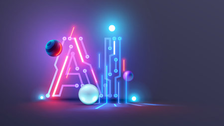 AI logo or icon. Abstract technology conceptual background with AI neon letters. AI text consists of pcb, neon electronic signals in cyberspace. Artificial intelligence tech background or banner.のイラスト素材